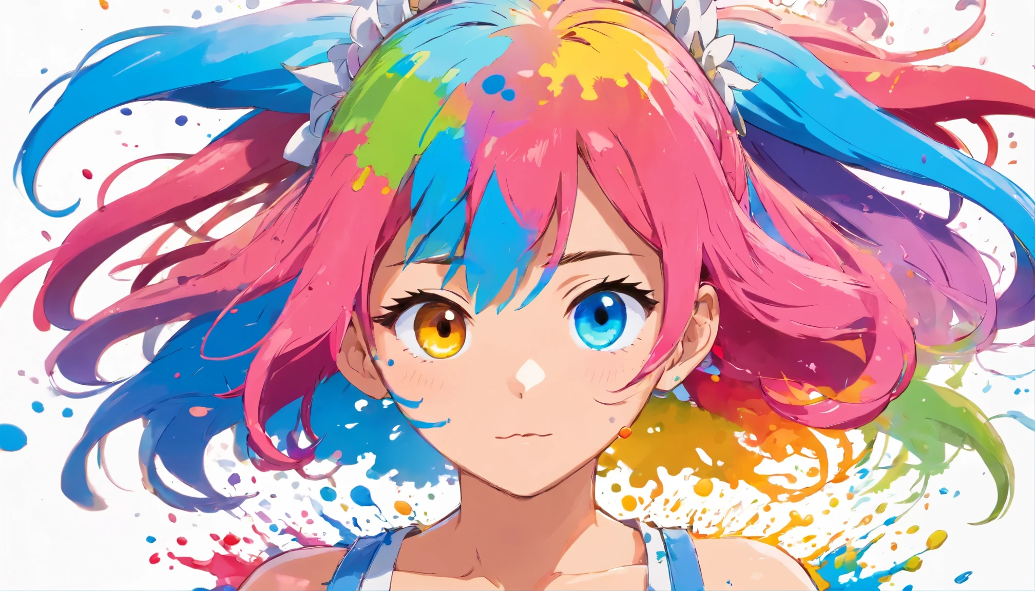 (Masterpiece, Best Quality, High Resolution), White Background, ((Paint Splash, Color Splash, Splash of Ink, Color Splash)), Sweet Chinese Girl, Rainbow Hair, Pink Lips, Front, Upper Body