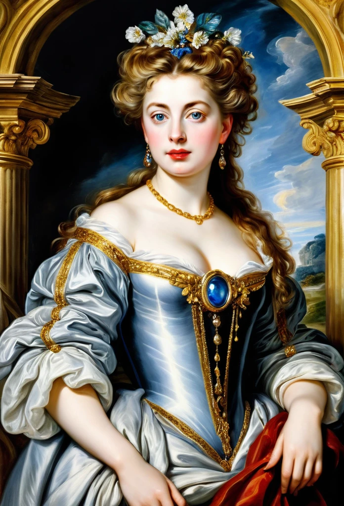 Masterpiece, Beautiful Thick Woman [Elizabeth II:Maude Adams:0.40], Best quality, high clarity eyes, critically flawless,sharp picture, Full portrait, High pixels, perfect face, perfect eyes, beautiful face, perfect hands,perfect fingers, in Peter Paul Rubens style, by Peter Paul Rubens, baroque style, acrylic on canvas, highly detailed, description: "Create a nymph inspired by the tales of Greek or Roman mythology, embodying the essence of a natural element or location, and possessing a unique ability or trait that sets her apart."
