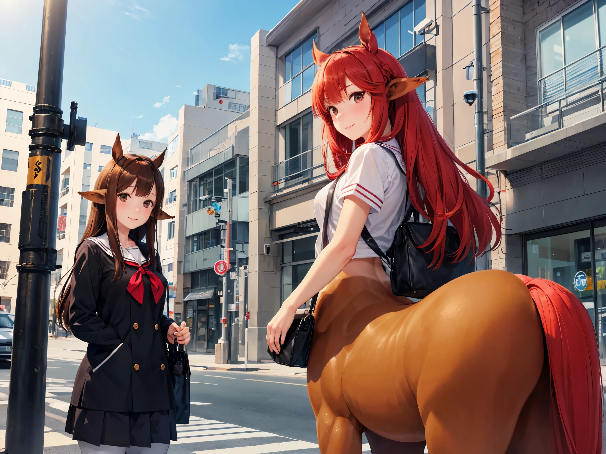 ((best quality,4k,8k,highres,masterpiece:1.2,ultradetailed,realistic,photorealistic,photo-realistic:1.37)),(1 Centaur woman,1 humanoid woman),(((A centaur woman chatting and a humanoid woman))),perfect face,(school sailor uniform), ((red hair,Twin tail,center part hairstyle,gentle face,Drooping eyes:1.6,Dark brown eyes,)),(happy,Red face),(from front,from below),Crosswalk,full body, Centaur,Hold a bag in hand,(femail Centaur),The upper body is human and the lower body is the body of a horse,not Horse ears, she chat with humanoid classmates,((chatting:1.5)),Walk side by side,(humanoid ears:1.5,A pair of ears),Humans and centaurs