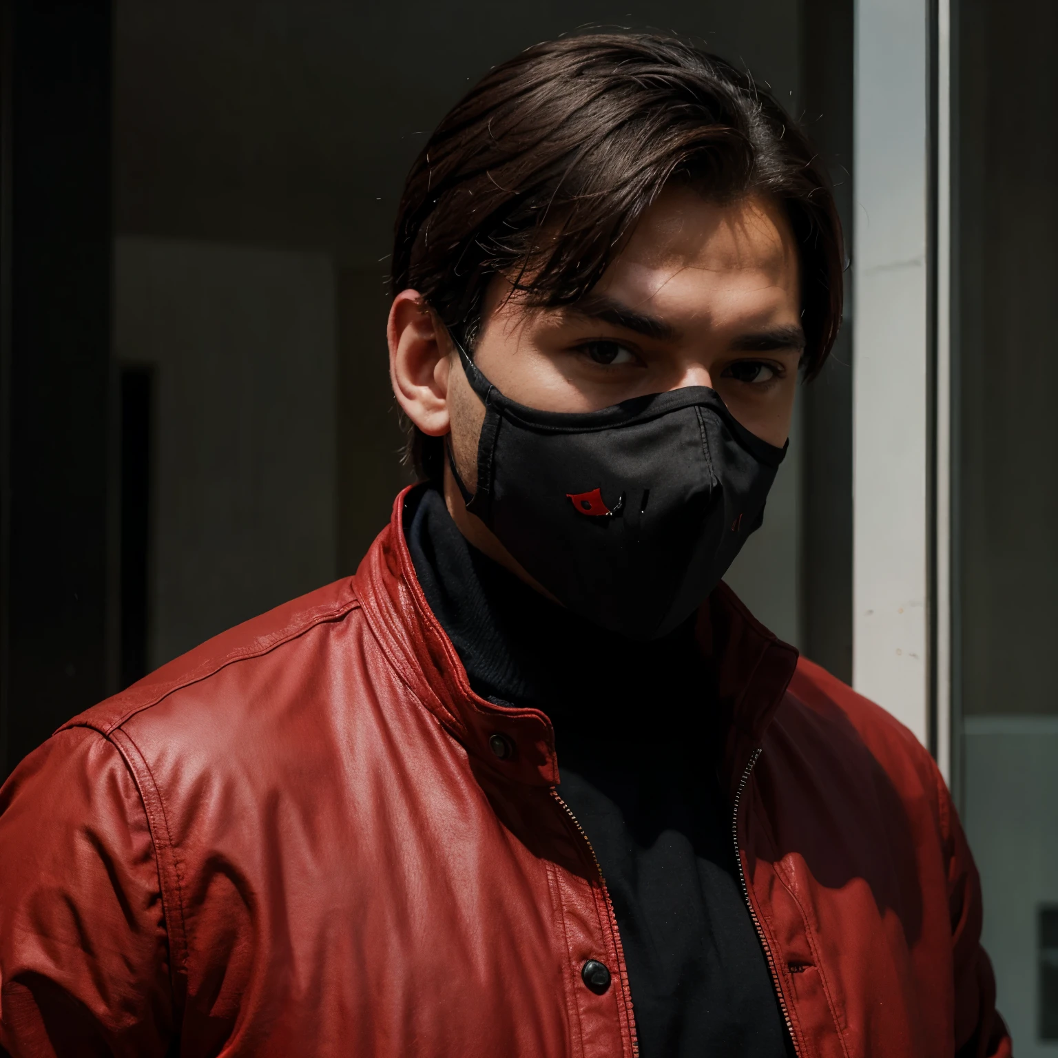 A man character wearing a red jacket with black mask