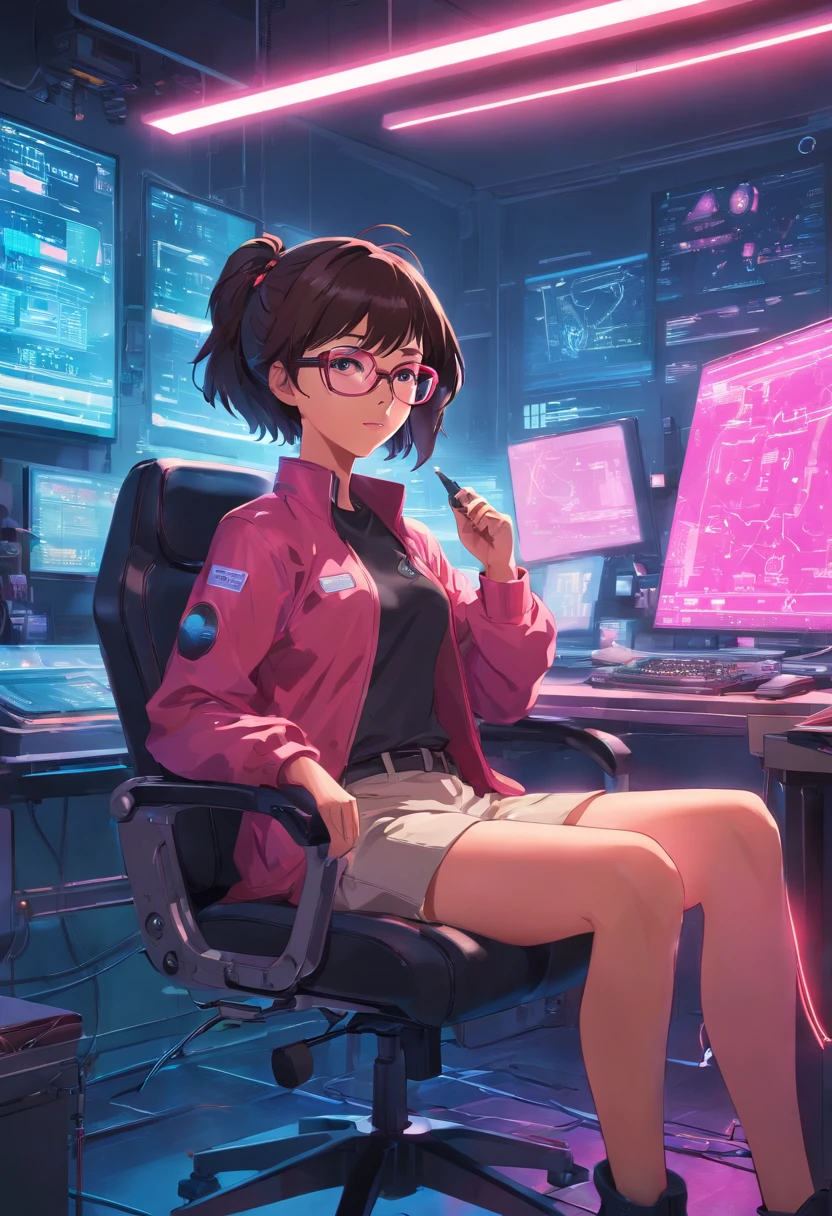 born, wide angle, A women in a dark Research room sitting on a chair of the future wears glasses., Reddish pink skin, Research room, hardware, bright environment, neon, ((cyberpunk))