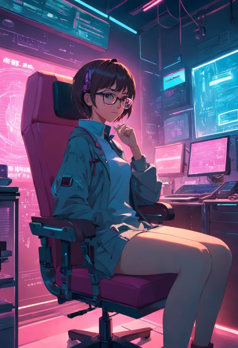 born, wide angle, A women in a dark Research room sitting on a chair of the future wears glasses., Reddish pink skin, Research room, hardware, bright environment, neon, ((cyberpunk))