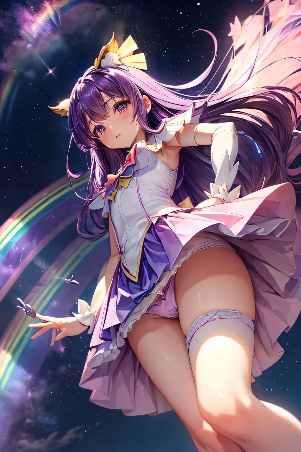 (((Panty shot)))、mini skirt、(((Rainbow Magical Girl Costume))、Beauty、purple hair long、((whole body))、(((photo taken from below)))、night sky