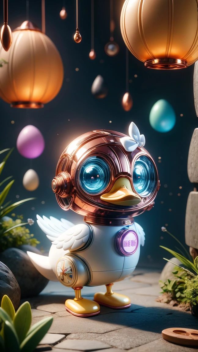 Pixar style, (Blind box toy style:1.2), Cute mechanical duck wearing clothes，透明发Light，霓虹灯Light，High precision mechanical parts，Its body is made of high-quality copper and silver.，眼睛像两颗发Light的宝石，Clean, White background, (global illumination, Light线追踪, high dynamic range, Unreal rendering, Reasonable design, high detail, masterpiece, best quality, ultra high definition, Light)，chibi, 3d