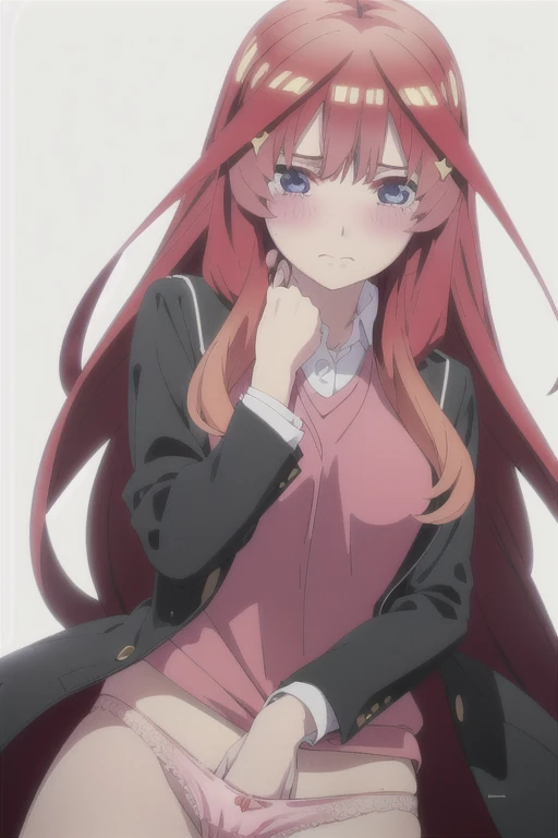 nsfw,masturbation,(((put my hand in your panties:1.5))),alone, 1 girl, looking at the viewer, 2D, anime, anime coloring, Upper body, (pure white background:1.3), itsuki nakano, Red Sweater Vest, Jacket, white shirt, looking at the viewer,dynamic angle,alone, Beautiful woman、I could see the whole body,((detailed face, blush:1.2)), ((smooth texture:0.75, realistic texture:0.65, realistic:1.1, animeCGスタイル)), medium breasts,