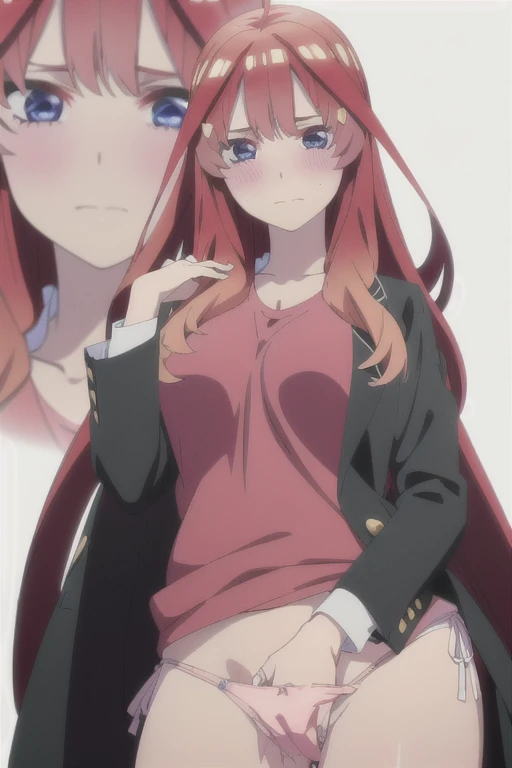 nsfw，masturbation，(((put my hand in your panties:1.5))),alone, 1 girl, looking at the viewer, 2D, anime, anime coloring, Upper body, (pure white background:1.3), itsuki nakano, Red Sweater Vest, Jacket, white shirt, looking at the viewer,dynamic angle，alone, Beautiful woman、I could see the whole body，((detailed face, blush:1.2)), ((smooth texture:0.75, realistic texture:0.65, realistic:1.1, animeCGスタイル)), medium breasts,