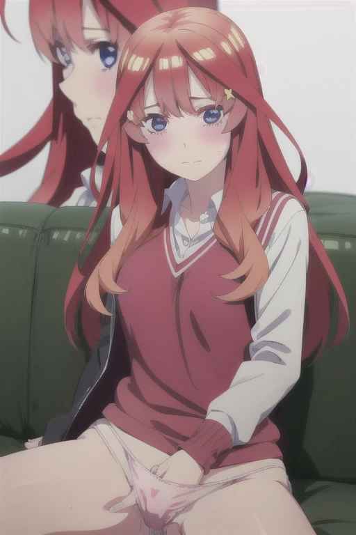 nsfw，masturbation，(((put my hand in your panties:1.5))),alone, 1 girl, looking at the viewer, 2D, anime, anime coloring, Upper body, (pure white background:1.3), itsuki nakano, Red Sweater Vest, Jacket, white shirt, looking at the viewer,dynamic angle，alone, Beautiful woman、I could see the whole body，((detailed face, blush:1.2)), ((smooth texture:0.75, realistic texture:0.65, realistic:1.1, animeCGスタイル)), medium breasts,