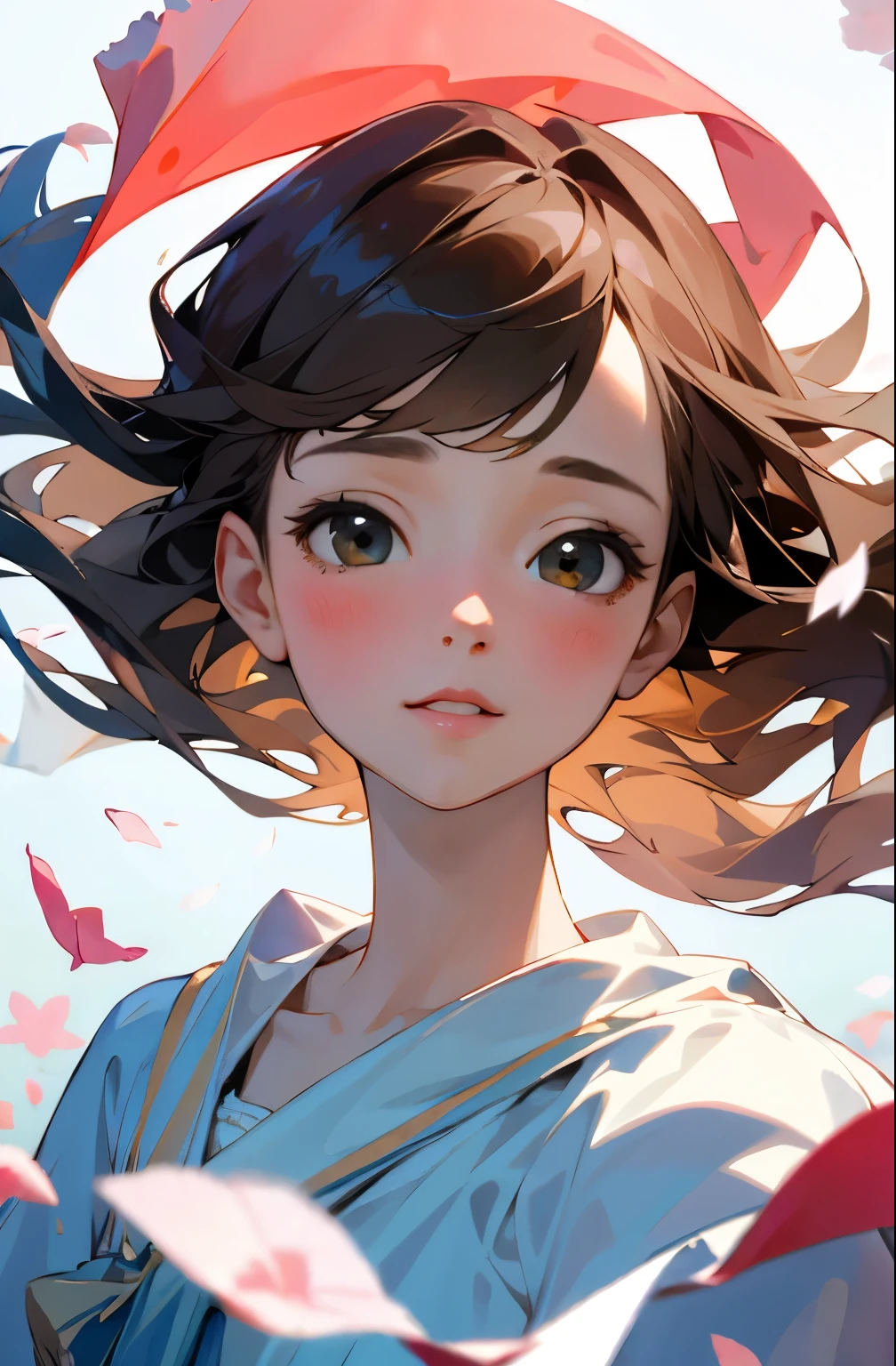 (best quality, masterpiece, ultra-realistic), 1 beautiful and delicate portrait of a girl, playful and cute, with floating petals in the background, GDI flag