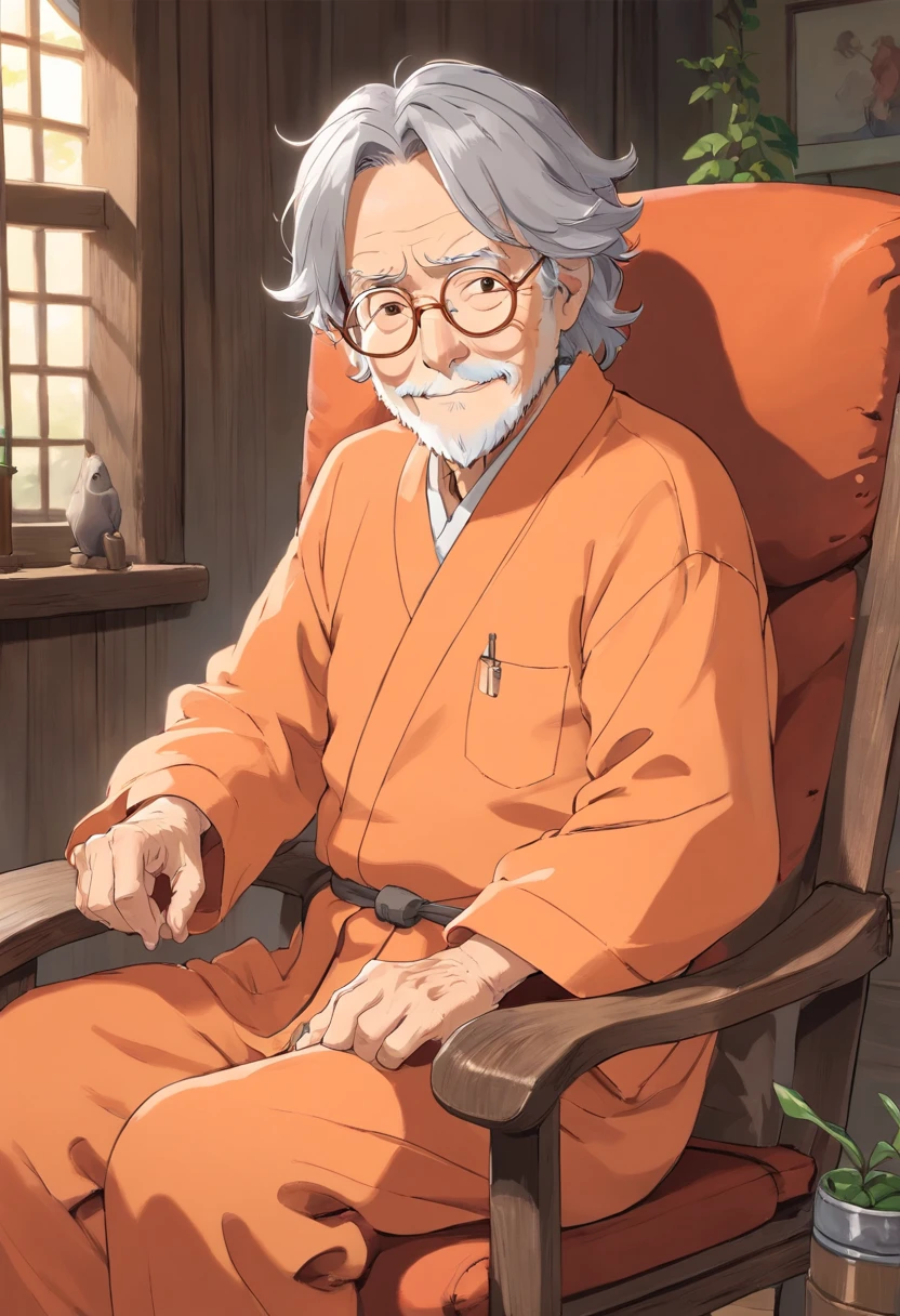 Anime, friendly old wrinkled man, with wavy gray hair, wearing light orange pajamas, wearing silver glasses, wise, and compassionate, on rocking chair.