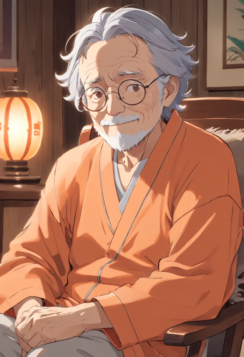 Anime, friendly old wrinkled man, with wavy gray hair, wearing light orange pajamas, wearing silver glasses, wise, and compassionate, on rocking chair.