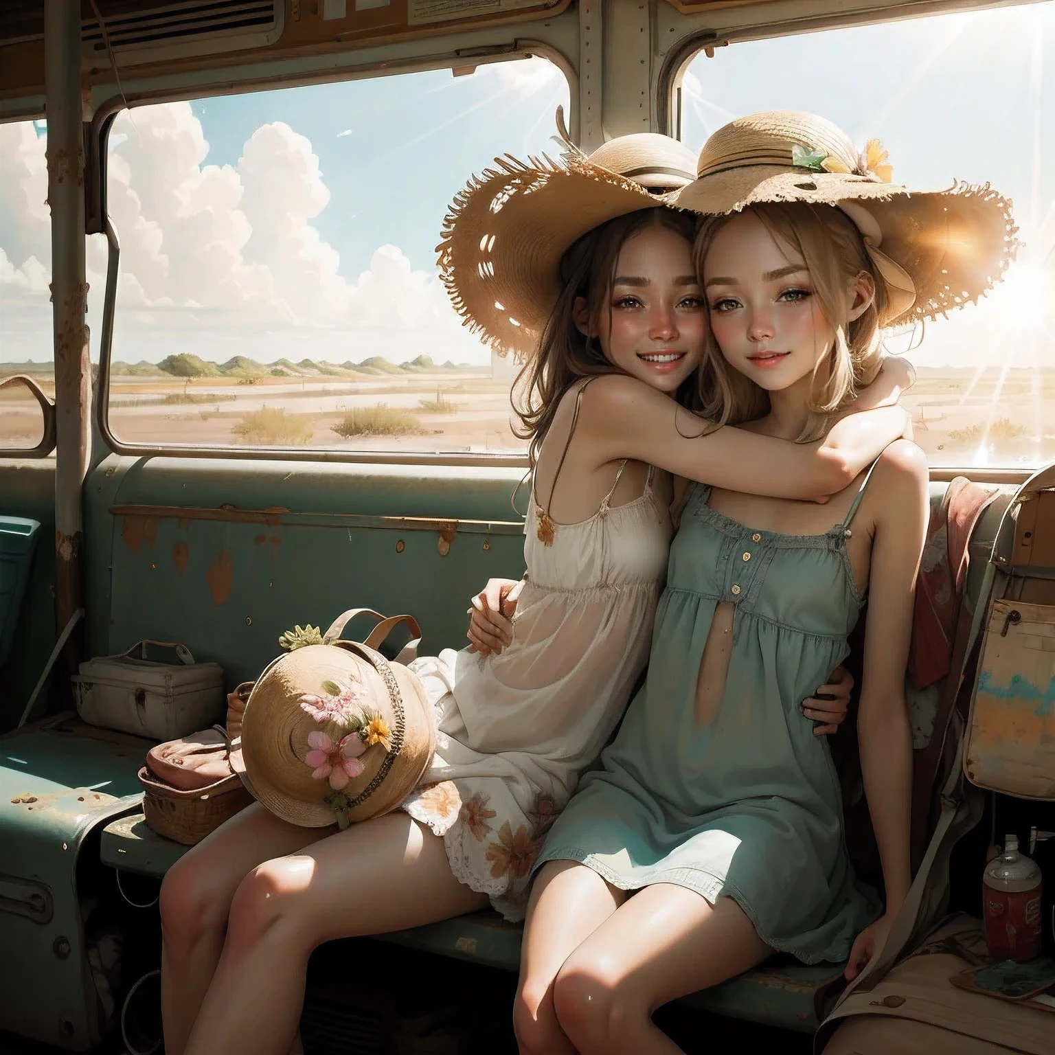 masterpiece, best quality, 2girls, (closeup), 18yo teen, slim, small breast, short light sundress, summer hat, sitting, in abandoned bus, hugging, lode, smile, flood, wasteland, colorfull, desolate, sunny, (sun rays:1.3), watercolor, 