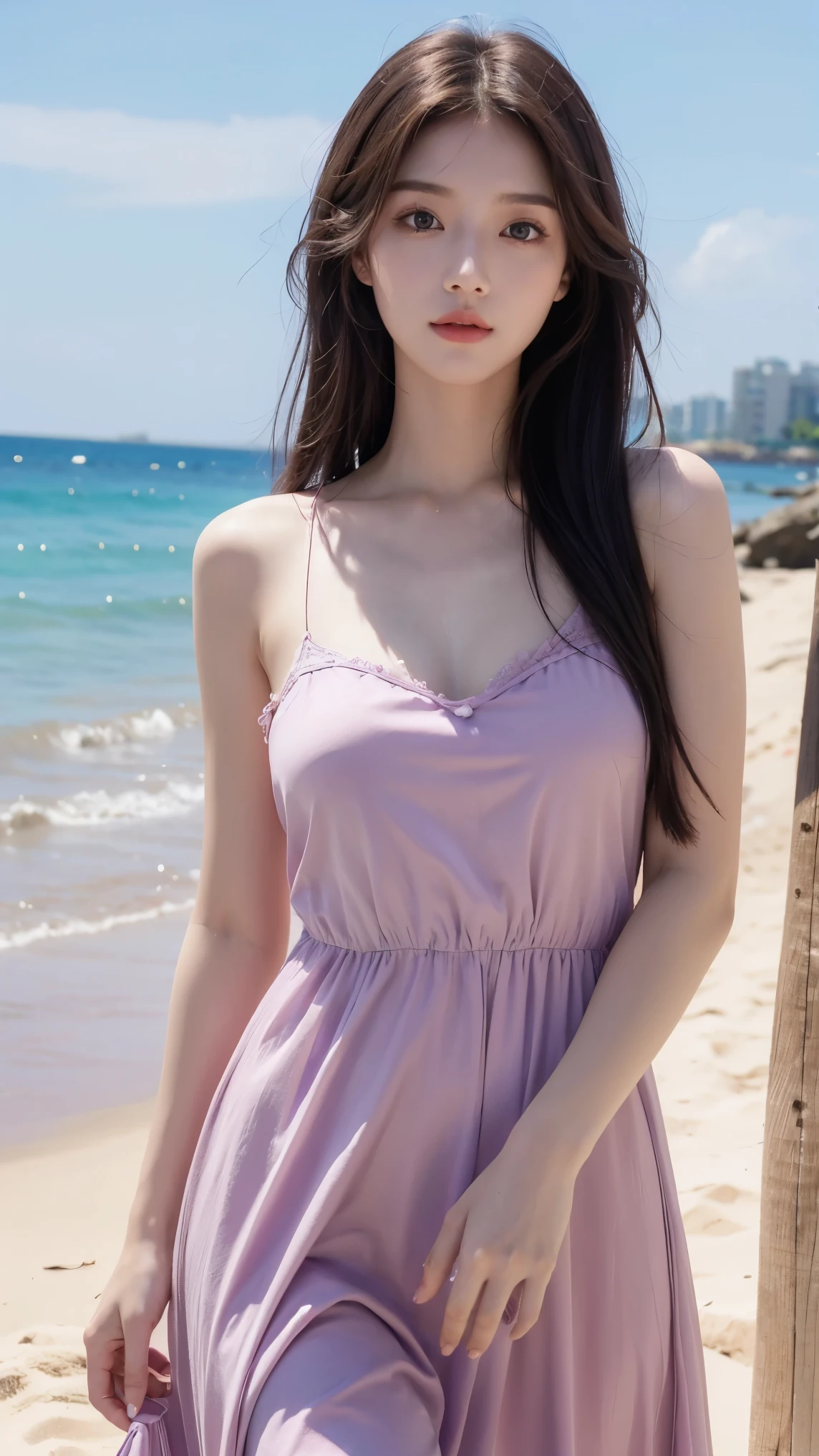 masterpiece, high resolution, best quality, Very detailed, pink eyes, beautiful woman, purple dress,beach,long hair