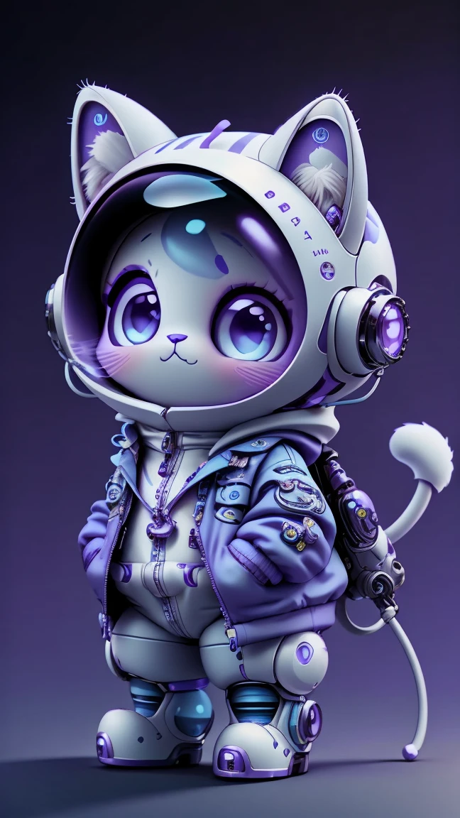 A mini cute surreal futuristic mechanical cat wearing a jacket. blue skin. cinematic, Super detailed, White gradient background , Very detailed, zoom out, purple eyes