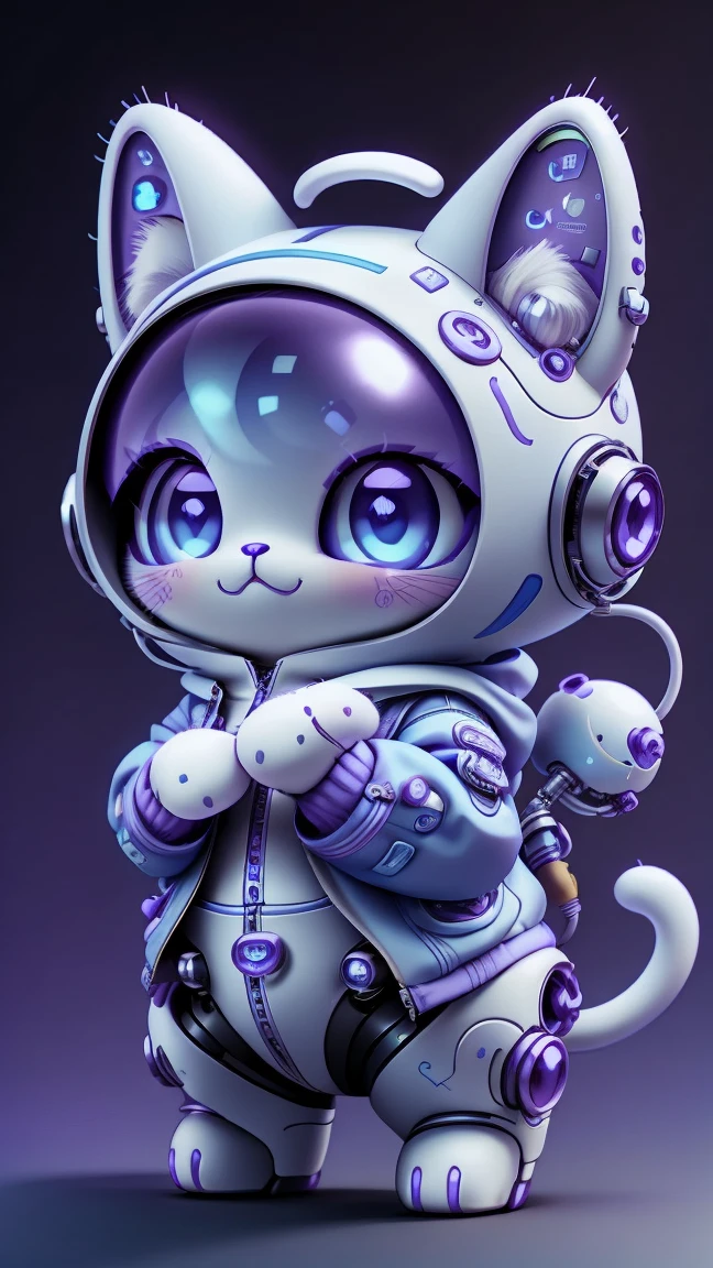 A mini cute surreal futuristic mechanical cat wearing a jacket. blue skin. cinematic, Super detailed, White gradient background , Very detailed, zoom out, purple eyes