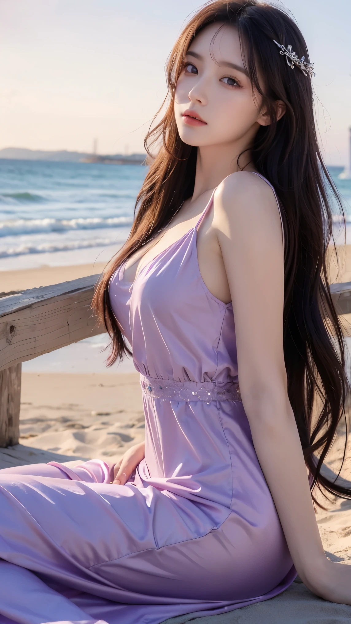 masterpiece, high resolution, best quality, Very detailed, pink eyes, beautiful woman, purple dress,beach,long hair