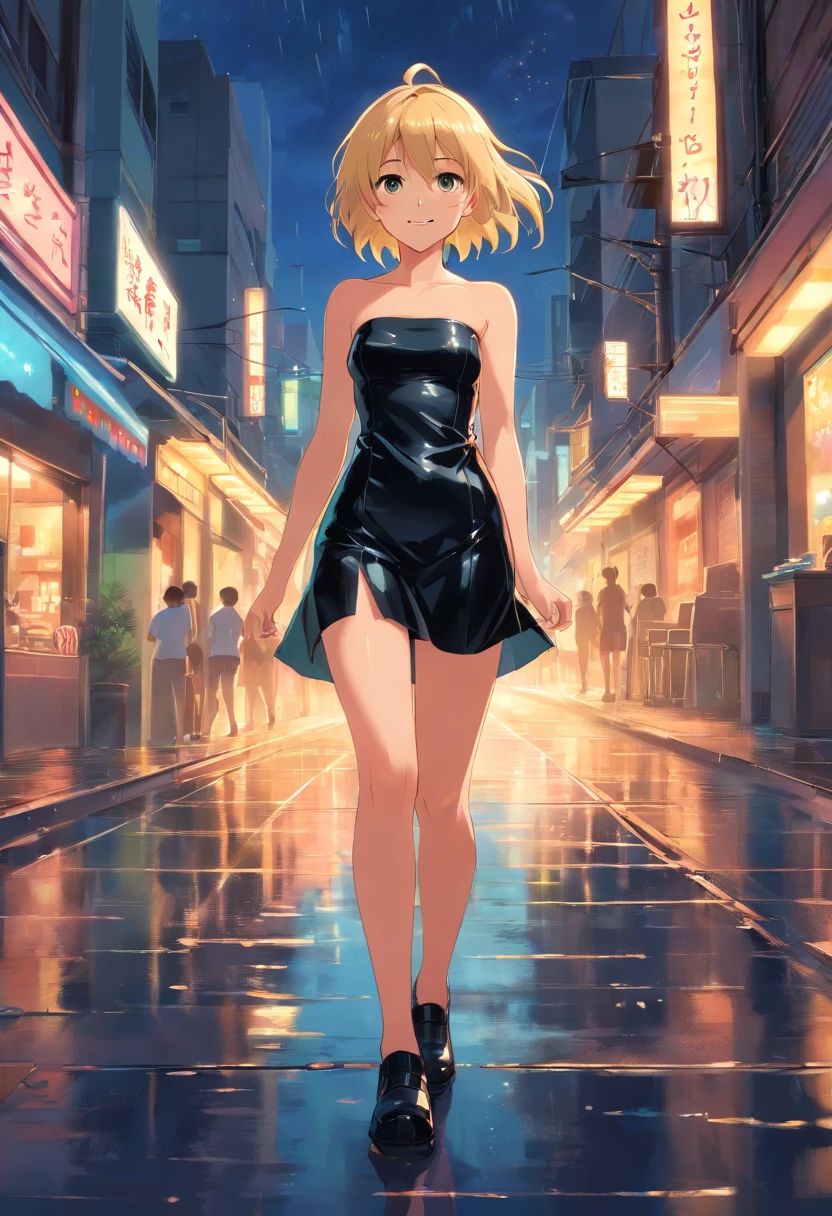 Blonde woman 17 years old, pelo corto, de pie cuerpo completo, short strapless latex black dress, botas negras con taco, wet floor smile walks down the boulevard at night 