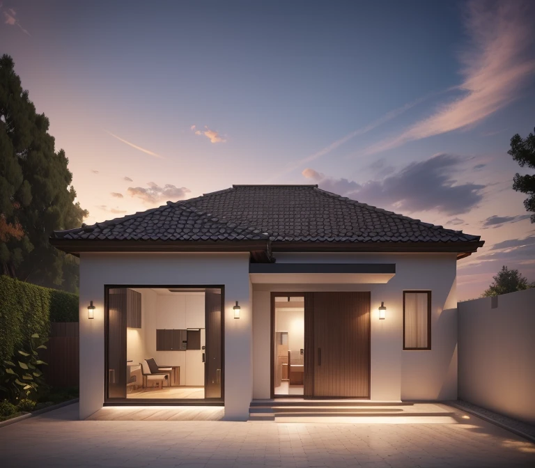 best quality,3D rendering),detached house with 3 bedrooms,living room,kitchen and bathroom,bright and spacious interior,modern design,architectural masterpiece,two-story building with an "L" shaped lot,large front porch,beautifully landscaped garden,contemporary façade with floor-to-ceiling windows,open-concept layout,high ceilings throughout the house,elegant staircase,abundance of natural light,high-end finishes and fixtures,stylish furniture and decor,natural wood flooring,neutral color palette,comfortable and inviting atmosphere. The sky is bright blue, the facade of the house is covered with amber stone
INFO