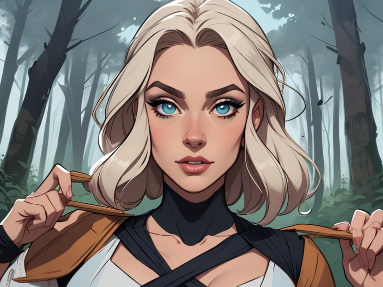 Personagem mulher ninja com marcas de guerras Imagem de desenho animado de uma mulher .cartoon style illustration, estilo de arte dos desenhos animados, estilo de arte dos desenhos animados, digital illustration style, design de personagens altamente detalhado, arte digital detalhada coragem, Forest fan art, Design de personagens de retrato, beautiful digital illustration, retrato de alta qualidade, Arte em quadrinhos, mulher jovem cabelo com transas lindas . Beautiful outlined eyes Medium large bust and wonderful sensual clothes. expression of sexual desire image from the waist to the head illustration