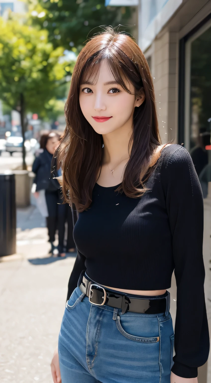 table top, highest quality, figure, Super detailed, finely,High resolution, 8k wallpaper, Perfect dynamic composition figure, detailed and beautiful eyes, Black Patent Leather Belt,jeans,medium hair, middle of chest, natural color lip, random sexy poses,smile,Aoyama Street Walk、20 year old girl