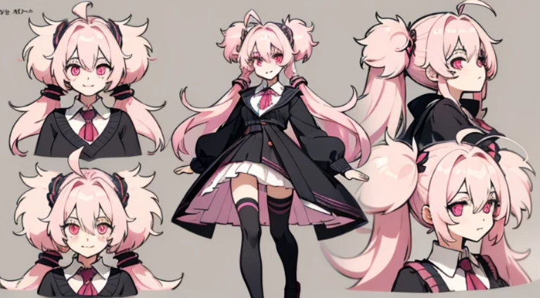 ((Masterpiece, highest quality)), detailed face, character sheet, Full body, 1girl, pink eyes, pink hair, twintails, ahoge, ((messy hair)), hair between eyes, , cardigan, black thigh-highs, smile, yandere, dark, pink theme, , full of details, multiple poses and expressions, highly detailed, depth, many parts