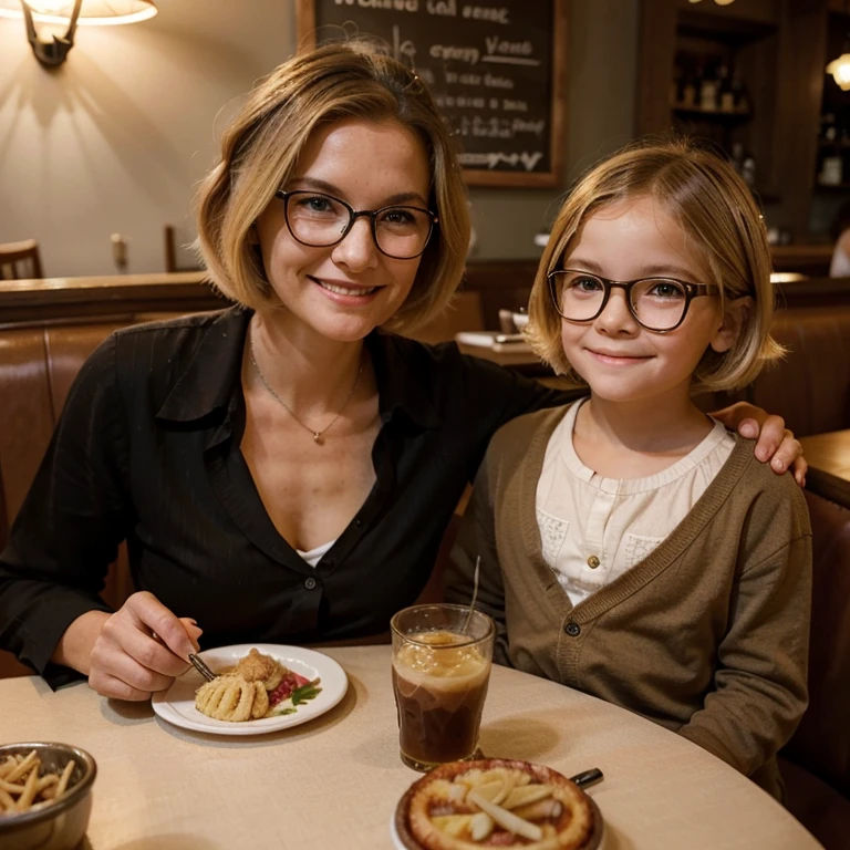 75 years-old woman, old-fashioned, with blonde bob hair, smiling,  wearing a glasses, at a restaurant, with two little boy, one has blonde hair, and the other has dark brown hair, both are not wearing glasses, realistic