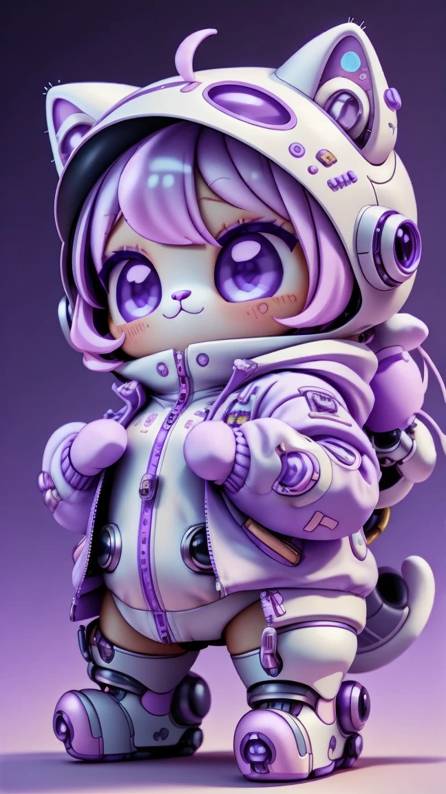 A mini cute surreal futuristic mechanical cat wearing a jacket. Pink skin. cinematic, Super detailed, White gradient background , Very detailed, zoom out, purple eyes