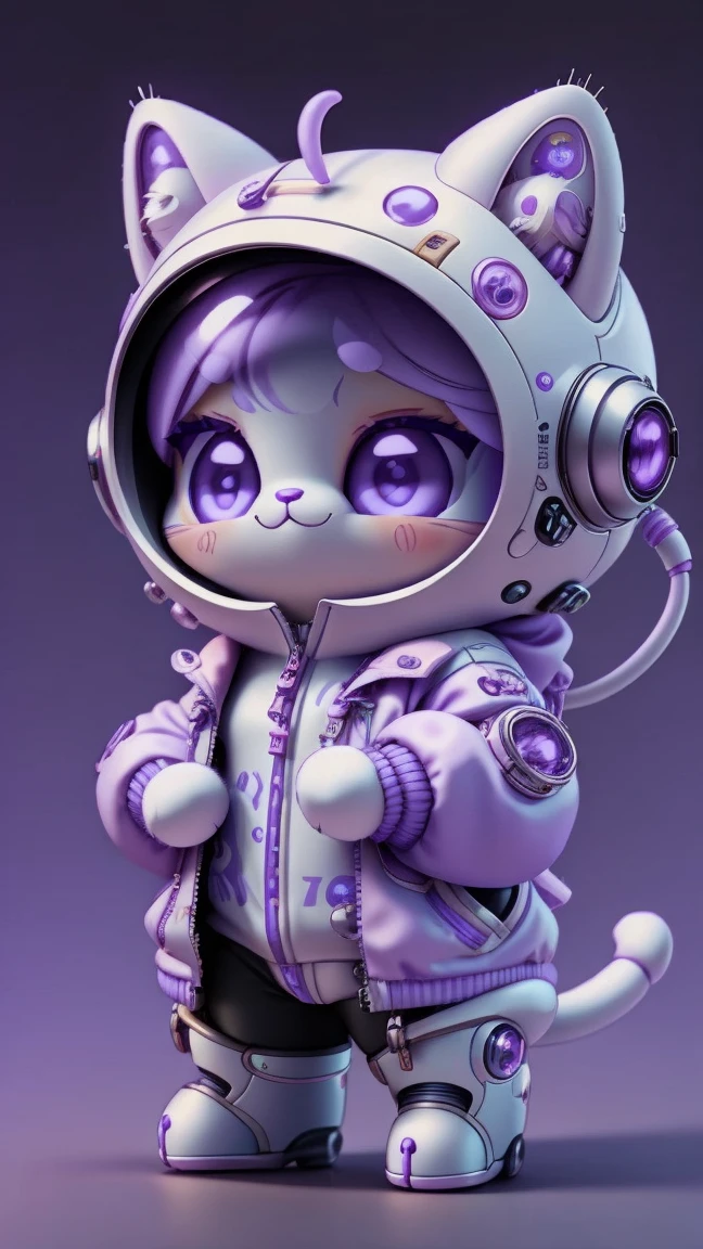 A mini cute surreal futuristic mechanical cat wearing a jacket. Pink skin. cinematic, Super detailed, White gradient background , Very detailed, zoom out, purple eyes