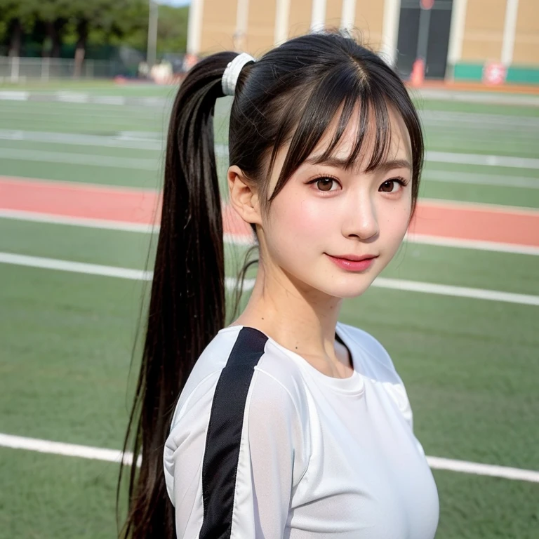 (kawaii 24 year-old Japanese girl, perfect athlete body, Nogizaka idol, Korean idol), (glossy black hair, high ponytail:1.3), (rounded face, single eyelid, no makeup, soft smiling:1.2), bangs, (wearing tracksuits, track jacket:1.3), (well shaped extra small breasts), (looking at viewer:1.2), BREAK, (track and field stadium background, summer daytime, sunshine from forward:1.3), (dynamic angle:1.3), BREAK, (masterpiece, best quality, photo realistic, official art:1.4), (UHD, 8K quality wallpaper, high resolution, raw photo, film grain:1.2), (shiny skin), professional lighting, physically based rendering, award winning, (perfect anatomy, highly detailed skin textures, extremely detailed face and eyes, well drawn glittering pupils), Carl Zeiss 85 mm F/1.4, depth of field, 1girl, solo,