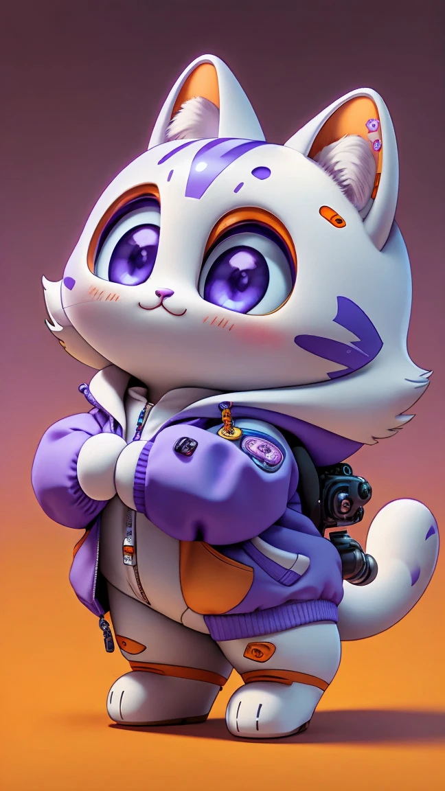 A mini cute surreal futuristic mechanical cat wearing a grey jacket. Orange skin. cinematic, Super detailed, White gradient background , Very detailed, zoom out, purple eyes