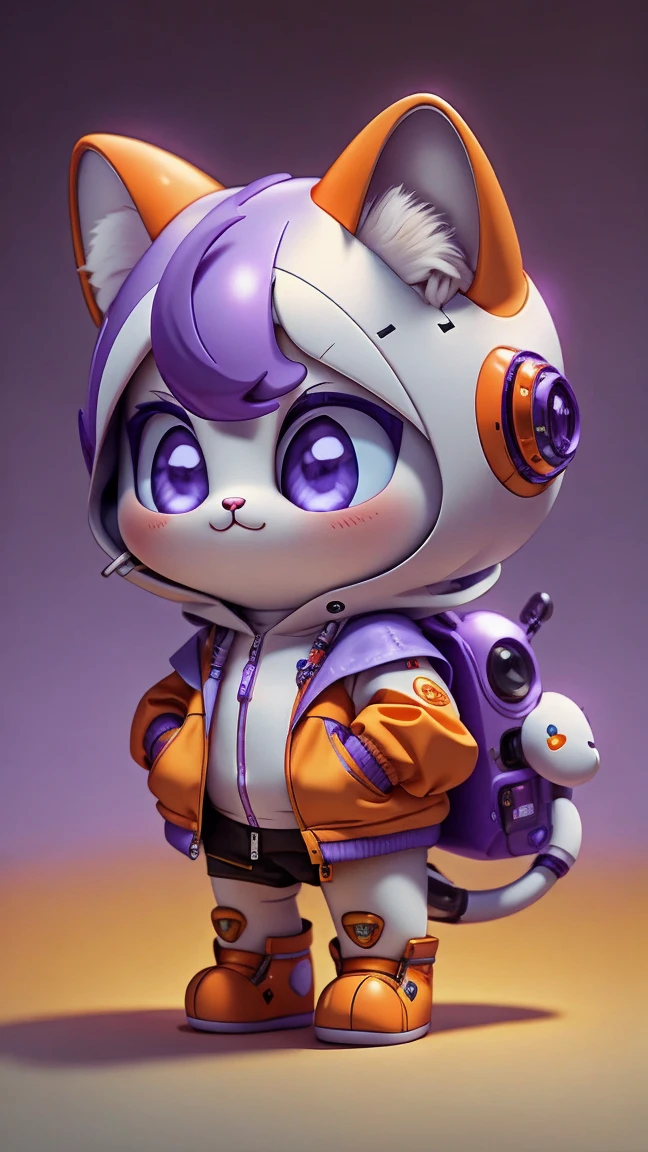 A mini cute surreal futuristic mechanical cat wearing a grey jacket. Orange skin. cinematic, Super detailed, White gradient background , Very detailed, zoom out, purple eyes