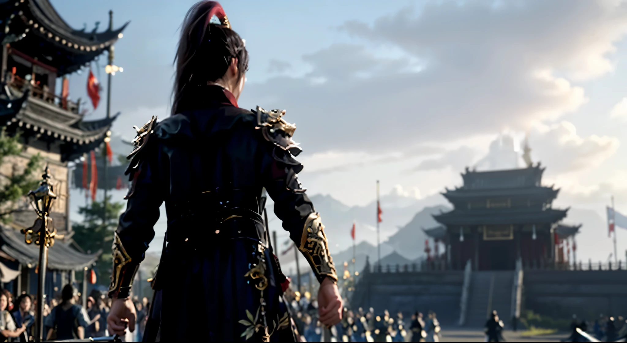 The main body of the picture is dark clouds,Pressing against the wall,The tower seems to be about to collapse;The warriors were wearing golden armor,Golden scales shining in the sun,Heroic and fearless;Characterized by the sharp contrast between black clouds and golden armor,Showing the tense atmosphere before the war;The art style combines realism and symbolism,Incorporating traditional Chinese elements;The visual effect emphasizes the contrast between light and dark,The colors are mainly dark and golden,Highlights the tense and solemn atmosphere;High picture clarity,Real and delicate texture;The light is mainly side backlight,Enhance the three-dimensional and layered sense of the picture;Master-level composition and light and shadow processing,Demonstrate professional skills,The overall picture is full of power and dynamism。