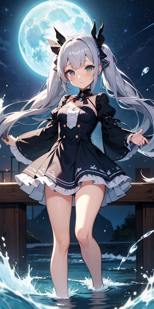 highest quality,very delicate illustration,masterpiece,delicate eyes,gray hair,low twintails,White ribbon hair fastening,anime girl in a blue dress, azur lane style, my dress up darling anime, From the Azur Lane video game, splash art anime,moon themed costume, , astral witch clothes,A small bridge over a stream,water droplets,cowboy shot