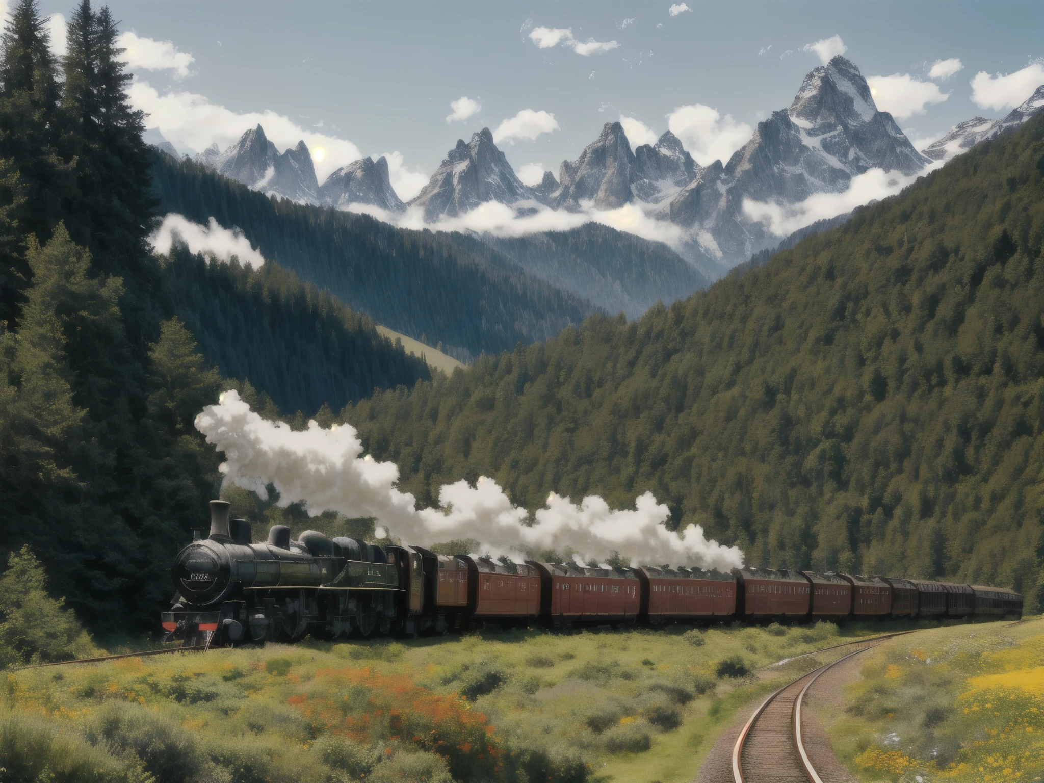 "Generate an image depicting two steam locomotives positioned on separate tracks in the scenic Alpine landscape. The setting is a summer morning at sunrise, with warm sunlight casting gentle rays across the terrain. The locomotives should be facing away from each other, symbolizing their journey's end, with the rail tracks extending towards the horizon. Surrounding the tracks are lush green meadows, vibrant with the colors of summer, and dotted with wildflowers. Tall pine trees frame the scene, their branches swaying in the gentle breeze. In the background, the majestic peaks of the Alps should be visible, bathed in the soft glow of the morning sun. The atmosphere should evoke a sense of tranquility and nostalgia, inviting the viewer to appreciate the timeless beauty of steam-era rail travel amidst the breathtaking splendor of the Alpine landscape."