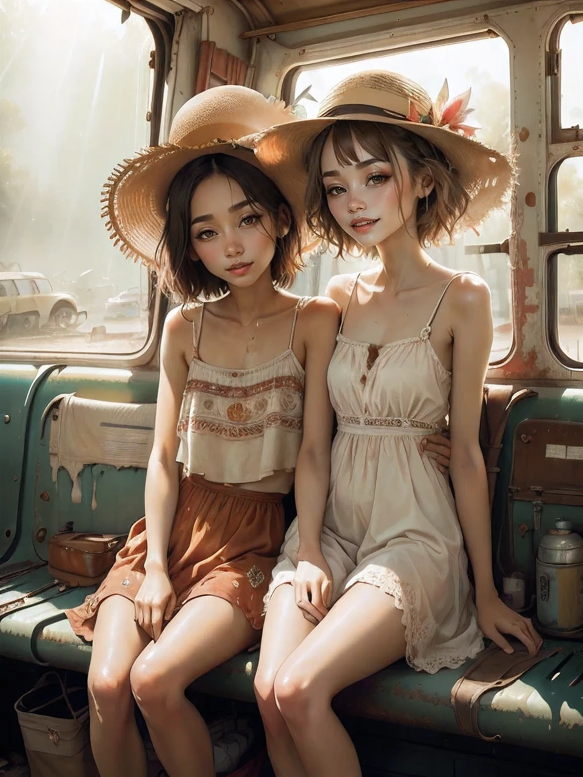 masterpiece, best quality, 2girls, (closeup), 18yo , slim, small breast, naked breast, nipple, short light sundress, summer hat, sitting, in abandoned bus, hugging, lode, smile, flood, wasteland, colorfull, desolate, sunny, (sun rays:1.3), watercolor, (topless:1.2), small breasts