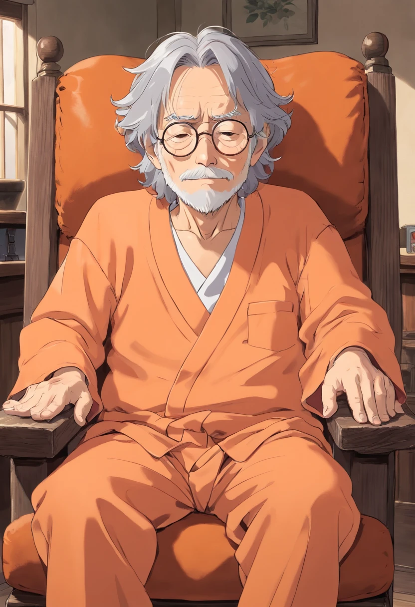 Anime, tired old wrinkled man, with wavy gray hair, wearing light orange pajamas, wearing silver glasses, wise, on rocking chair.