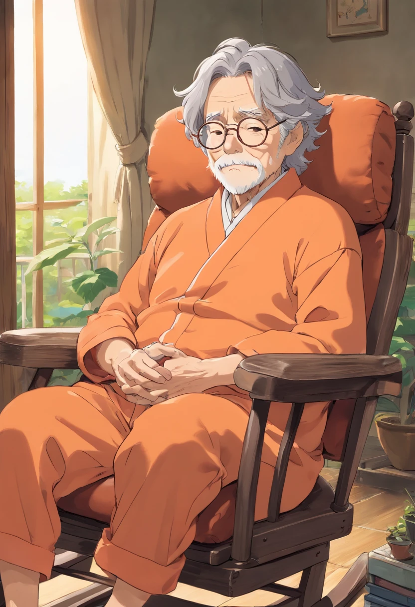 Anime, tired old wrinkled man, with wavy gray hair, wearing light orange pajamas, wearing silver glasses, wise, on rocking chair.