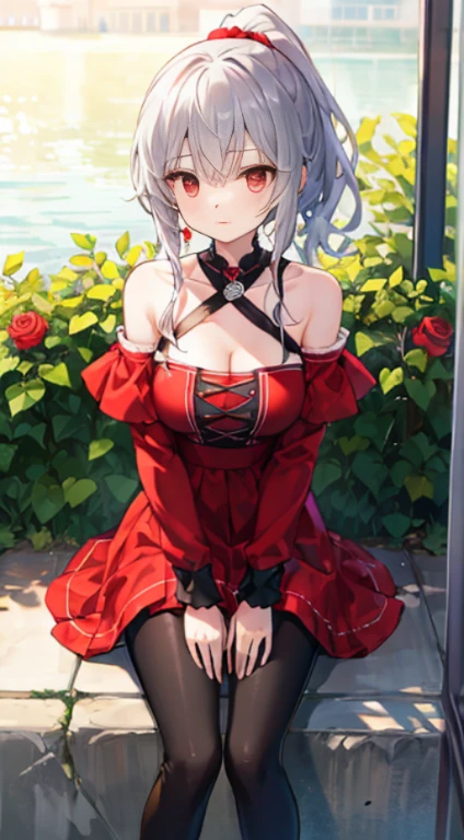silver wavy hair、red eyes、Beautiful girl alone、Bright red dress、Off the shoulders、mini skirt、black leggings、sit、ponytail、rose Garden