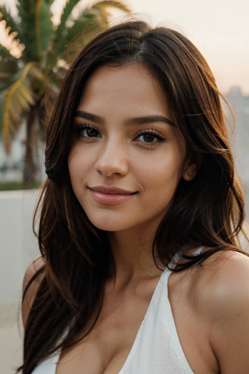 According to the image above create a beautiful woman, con cabello negro, toma media, piel brillante y bella, labios sensuales, rostro similar a las mas hermosas modelos de cabello negro de instagram, sus ojos son muy brillantes, is in a scene with a sunset of golden rays, is very happy, tiene una mirada misteriosa y una sonrisa leve, cinematic lights, realista