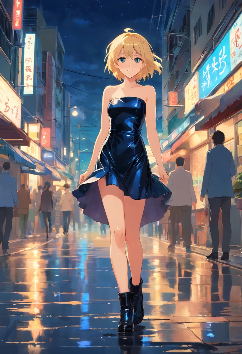 Blonde woman 17 years old, pelo corto, ojos azules, de pie cuerpo completo, short strapless latex black dress, high black boots with heel , wet floor smile walks down the boulevard at night