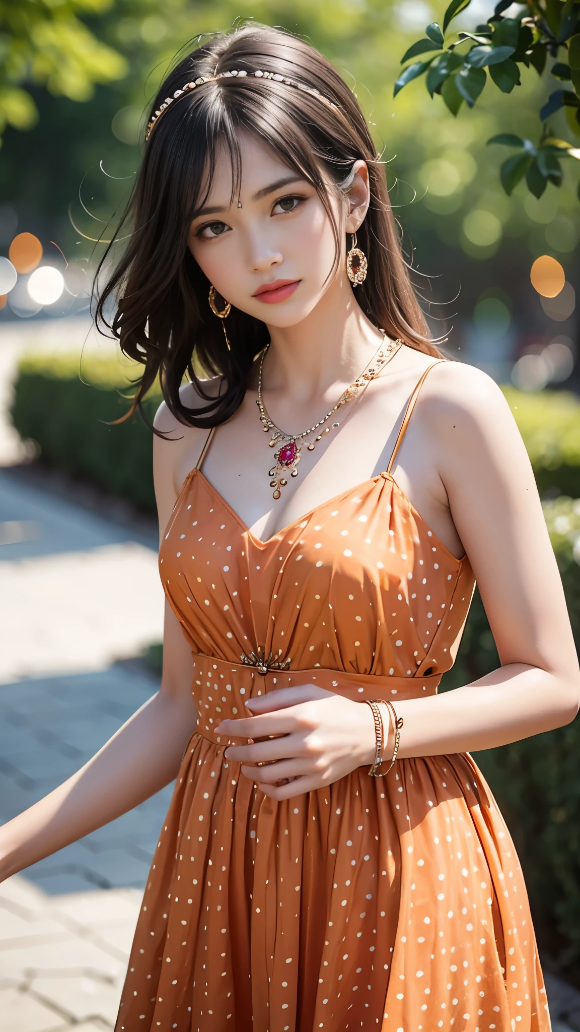 best quality, masterpiece, 1girl, (polka dot dress), (orange dress), hair ornament, necklace, (jewellery:1.8), Beautiful face, small breasts, tyndall effect, photorealistic, rim lighting, two tone lighting, (high detailed skin:1.2), dslr, (spreading light:1.5) soft lighting, high quality, volumetric lighting, candid, in the garden, Photograph, high resolution, 4k, 8k, Bokeh,