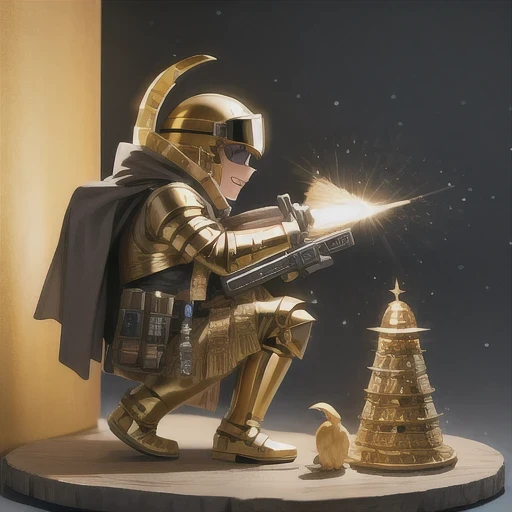 Brilliant Gold Diamond Maya Star((Suede leather armor))Copper weapons, Burlap Cloak Mummy Hood Platinum Silk Cyberpunk Light Crossbow Space Station 1:60 miniature models, illustration, Side view, (Side view), Wear gold-rimmed reflective sunglasses, Carrying future weapons, very happy, Side view, whole body, 3d, (nautilus) octane rendering, perfect appearance, Collagen protein(((Isometric art)))