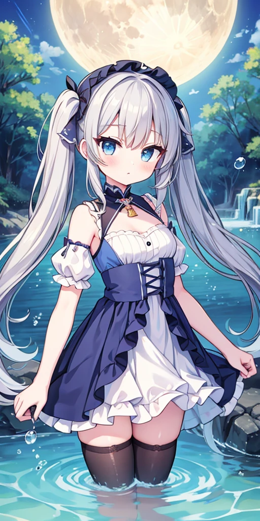 highest quality,very delicate illustration,masterpiece,delicate eyes,gray hair,low twintails,White ribbon hair fastening,anime girl in a blue dress, azur lane style, my dress up darling anime, From the Azur Lane video game, splash art anime,moon themed costume, , astral witch clothes,A small bridge over a stream,water droplets,cowboy shot