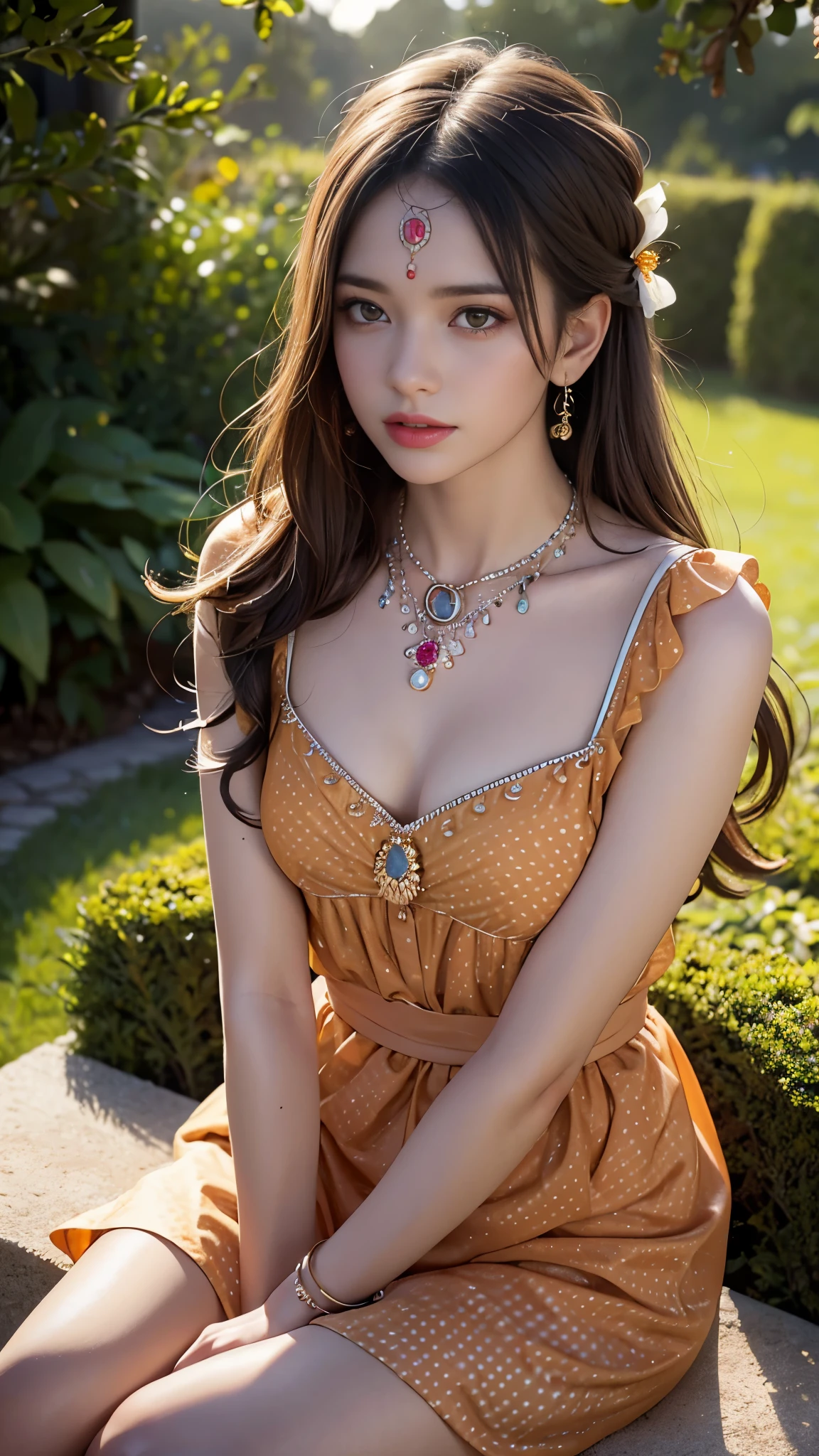best quality, masterpiece, 1 girl, (Polka-dot dress), (orange dress), hair accessories, necklace, (jewelry:1.8), pretty face, small breasts, Tyndall effect, lifelike, edge lighting, two color lights, (High detail skin:1.2), DSLR camera, (Spreading Light:1.5) soft light, high quality, Volumetric lighting, frank, in the garden, photo, High resolution, 4K, 8K, Bokeh, sitting,