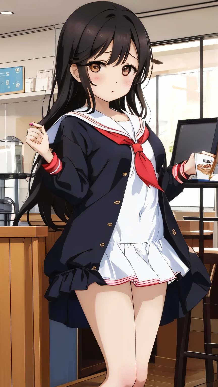 1 girl, alone,  brown eyes, black hair, long hair,half up、 (sailor suit:1.4),indoors, Cafe、very big breasts、expose one&#39;s chest、Bare your breasts、put the chest on the tray、nipples are transparent、blush、embarrassing、scared face、in trouble、confused face、A lot of milk comes out of the nipples、Breast milk squirts out of the nipples、very short skirt、micro mini skirt、The shape of a woman&#39;s private parts is clearly visible