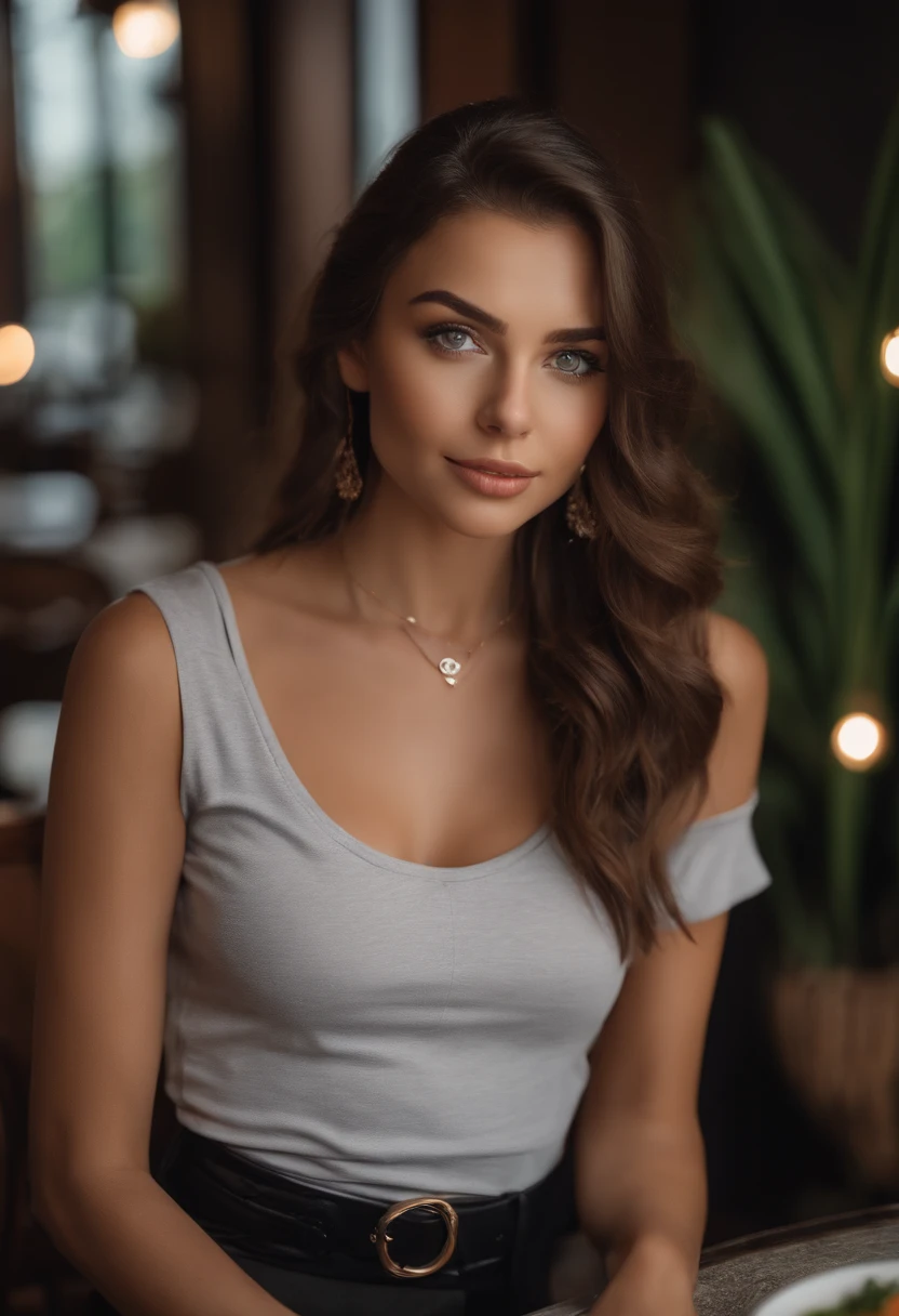 Arafed woman in white T-shirt and necklace, Meals in the restaurant, sexy girl with green eyes, portrait sophie mudd, brown hair and large eyes, selfie of a young woman, bedroom eyes, violet myers, no makeup, natural makeup, looking straight at camera, face with artgram, fine makeup, Stunning full-length shot, Piercing green eyes, beautiful angle, attractive pose, Sweet girl, sexy pose, full length image, full - body, shooting full body, Brunette goddess, high detail, Satisfied posture, in a gray skirt and boots, upskirt, knee boots