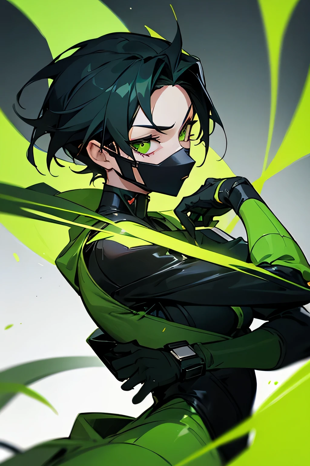 Viper but make it green with black hair and a mask and add little green gas and a dark background
