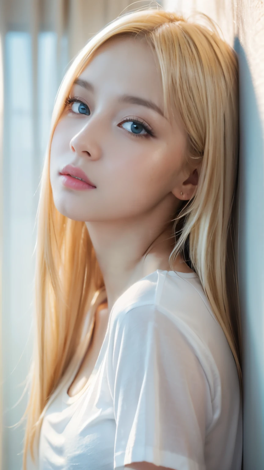 Leila、Women、20-year-old、(Russian women), 大きな目、gray eyes、Blonde medium-long hair、alone,大きな Bust 90cm,8 heads model style,Pale skin 、White dress, Ultra HD Photos, Highest quality, Ultra-high resolution, Realistic realism, sunlight, Angle up to the knee, Detailed face,, milky, Highly detailed skin, Realistic skin detail,, 8K Ultra HD, Digital SLR,, Fair skin, 、ビキニ