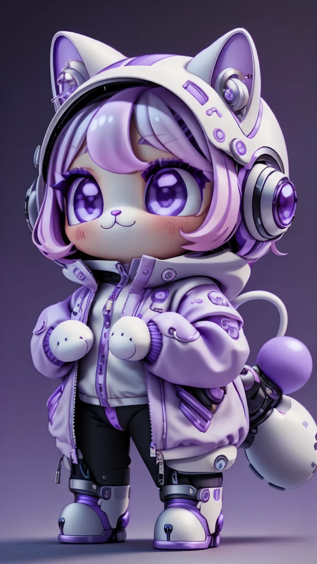 A mini cute surreal futuristic mechanical cat wearing a grey jacket. Pink skin. cinematic, Super detailed, White gradient background , Very detailed, zoom out, purple eyes