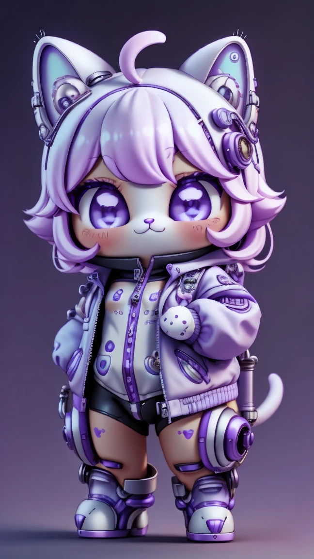 A mini cute surreal futuristic mechanical cat wearing a grey jacket. Pink skin. cinematic, Super detailed, White gradient background , Very detailed, zoom out, purple eyes