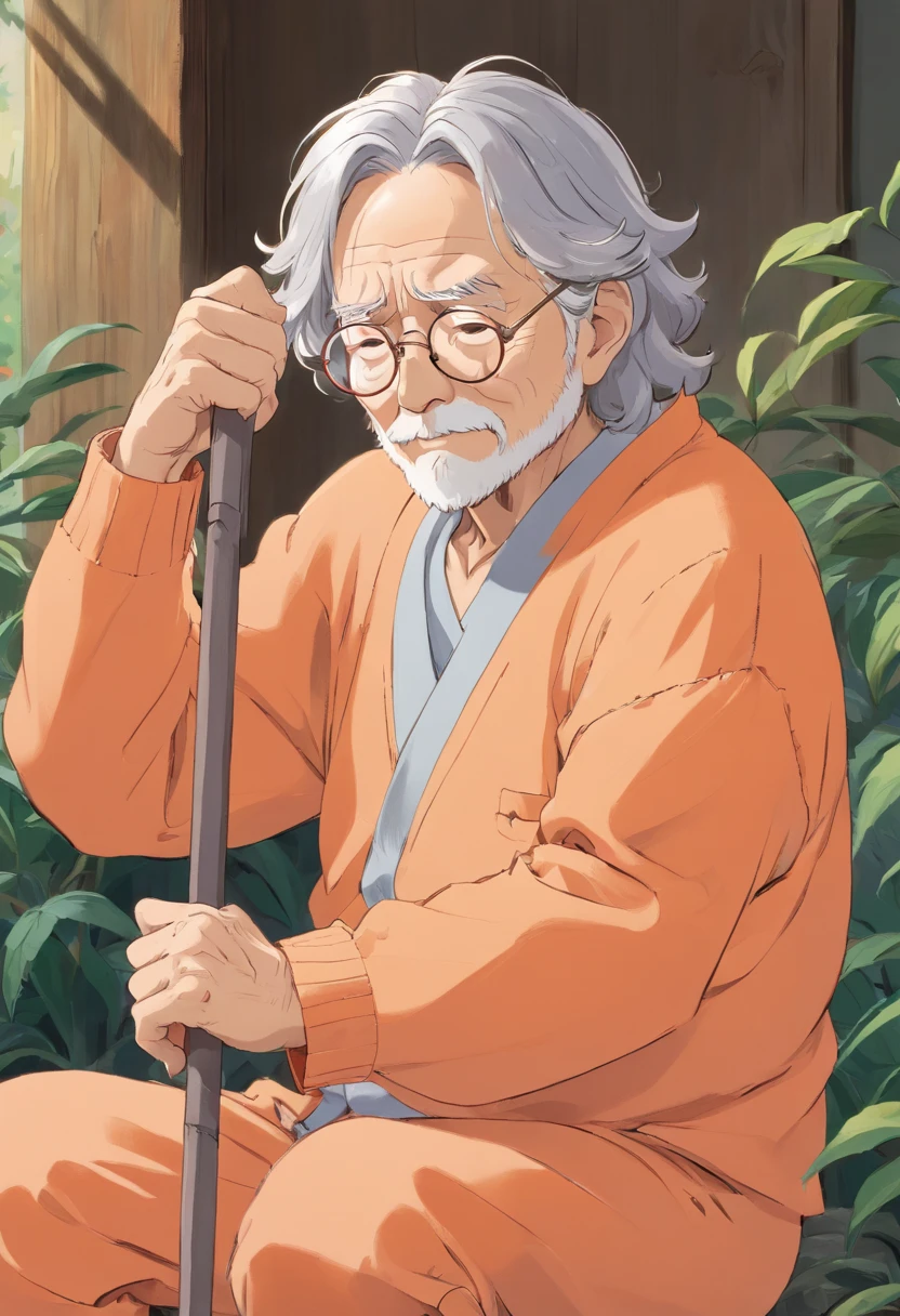 Anime, tired old wrinkled man, with wavy gray hair, wearing light orange pajamas, wearing silver glasses, wise, and compassionate, with cane.
